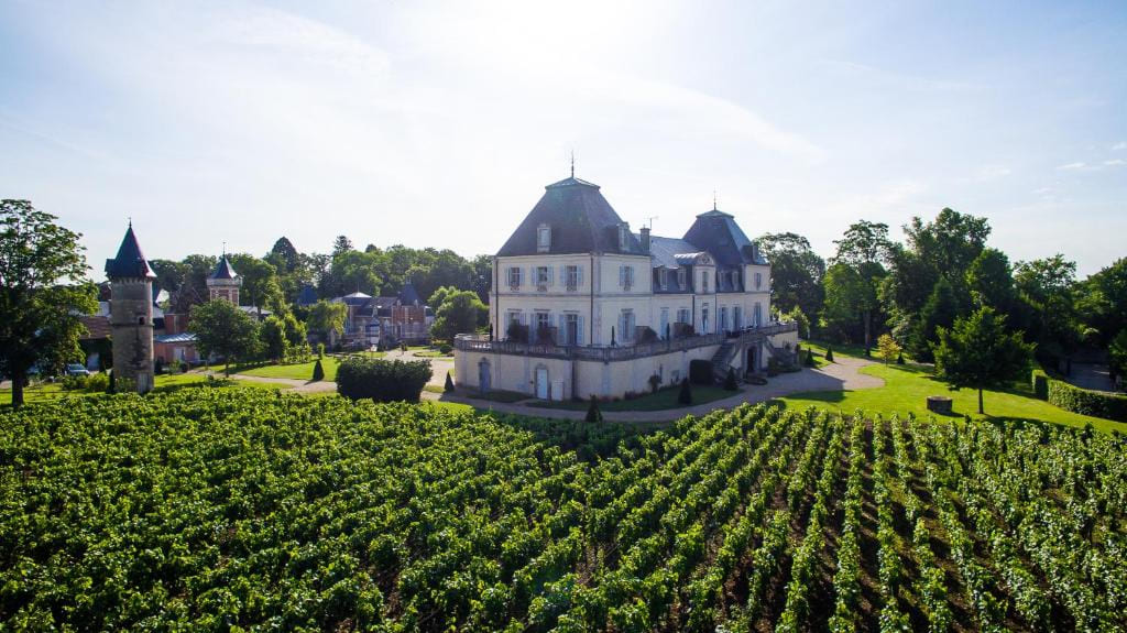 Vue aérienne d'un domaine viticole de château français pour mariage